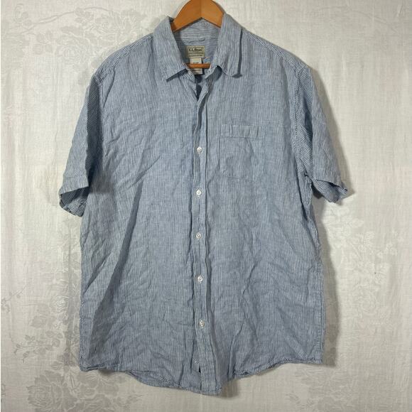 LL Bean Button Up XL White Blue Striped 100% Linen Short Sleeve Coastal Nautical - Picture 1 of 8